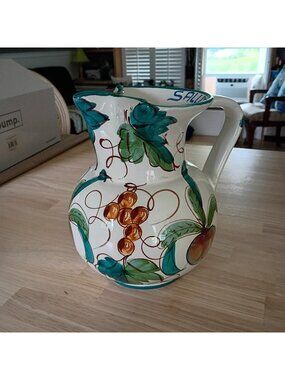Italian Ceramic Salute Pitcher Hand Painted Fruit Grapes Wine Water Jug Majolica